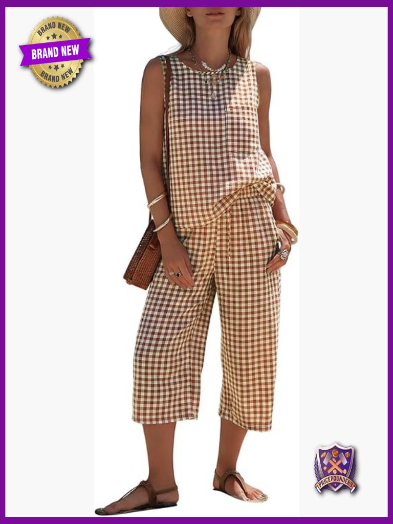 Women's Cotton Striped 2 Piece Outfit Sleeveless Capri Wide Leg Pants Set